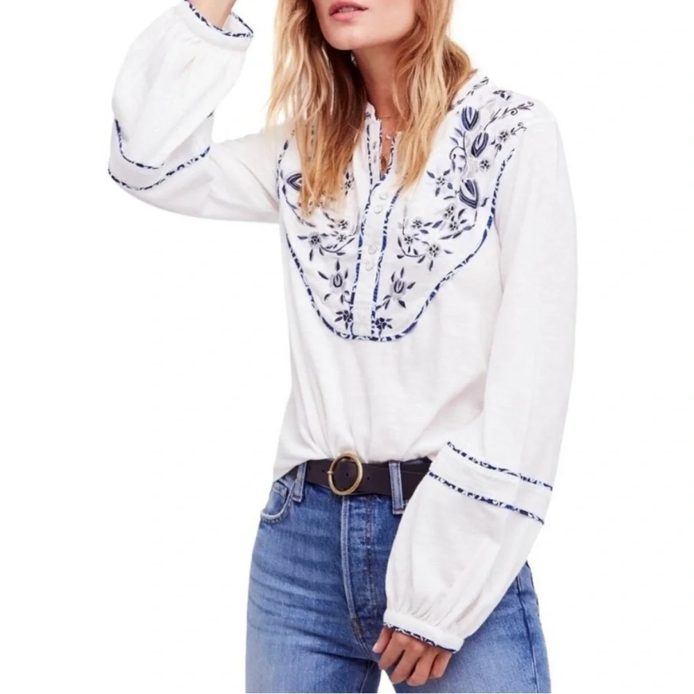 Free People Sundance Kid Western Ivory Blue Embroidered Henley Top Women Small